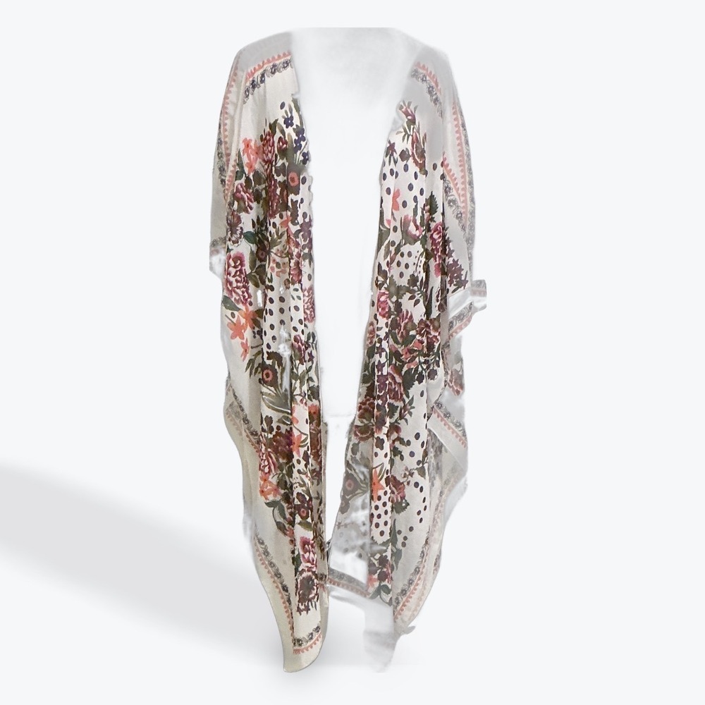 FEITONG Womens Floral Polka Kimono Wrap Open Front Cardigan White Pink One Size